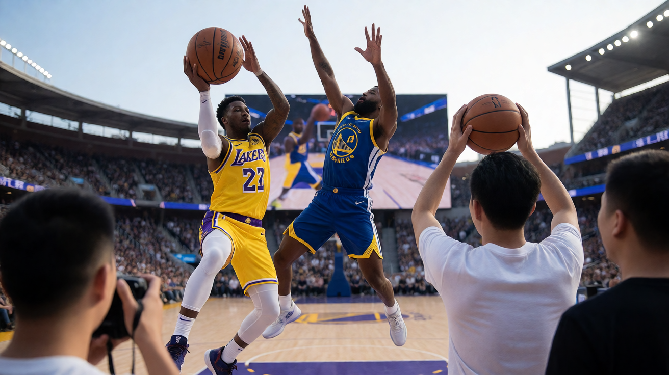 NBA湖人队与勇士队篮球比赛精彩瞬间